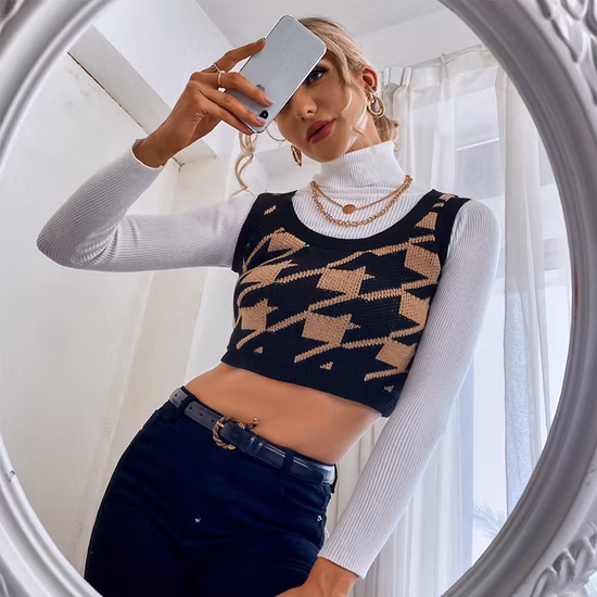 Maglione gilet estivo a rombi con maglione gilet da donna lavorato a maglia con scollo a V scozzese multicolore