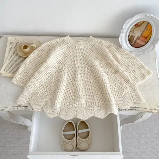 Maglieria per ragazza primavera autunno Volant Dolce vestito per bambini Vestito a maniche lunghe per bambini a pois all'ingrosso Maglioni medio lunghi